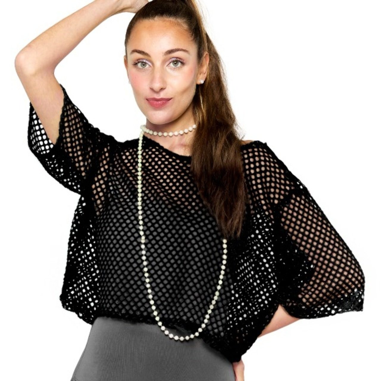 T-shirt en résille noire années 80 éco