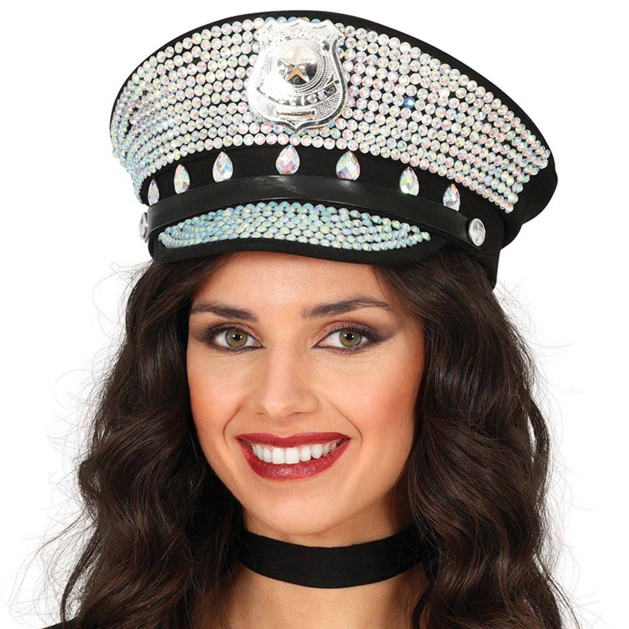 Casquette Police Argentée Strass