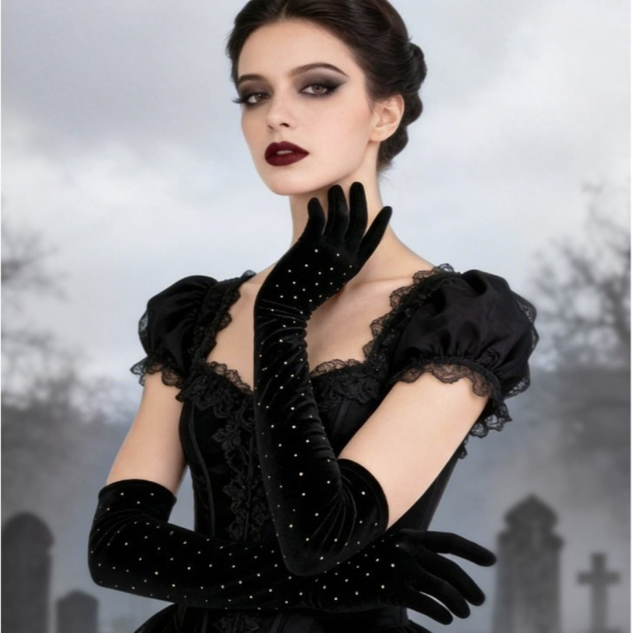 Gants Longs Noirs avec Pierres
