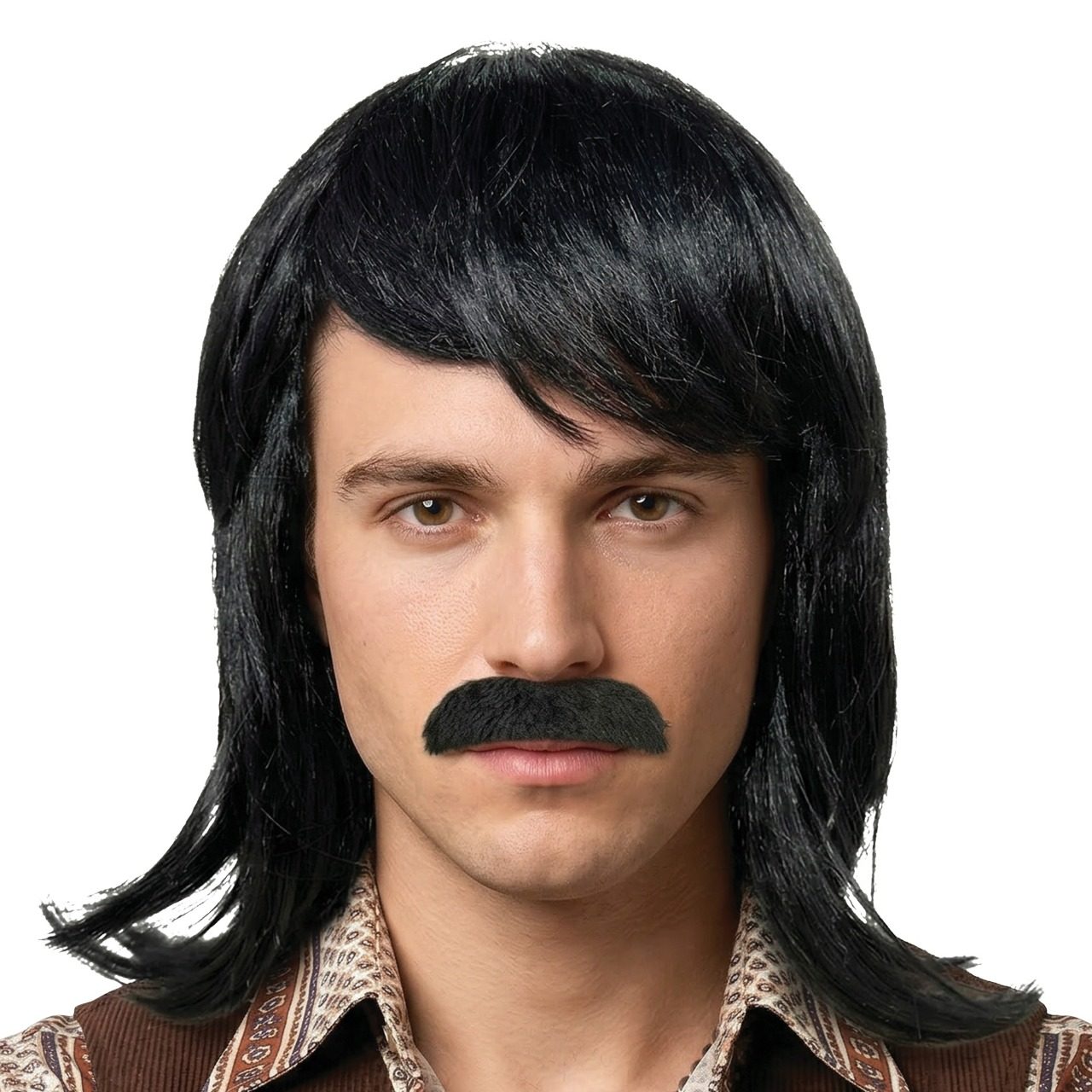 Perruque Noire Mullet avec Moustache