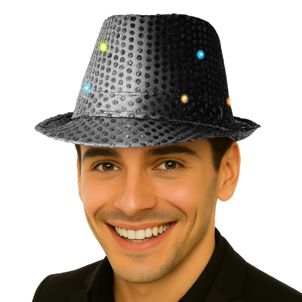 Chapeau à Paillettes Noir avec Lumière