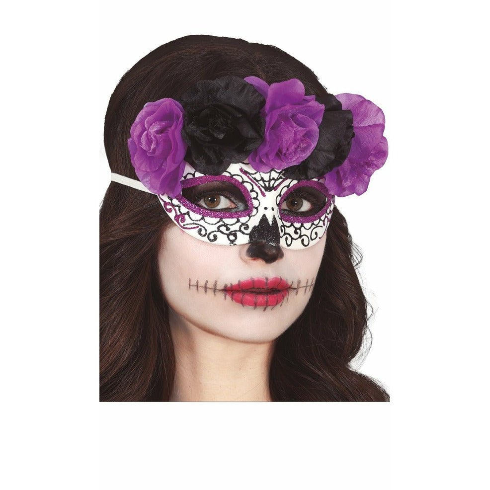 Antifaz de Catrina Flores Lilas y Negras | Don Disfraz