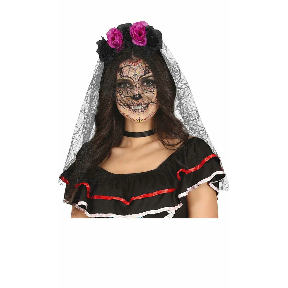Diadema de Catrina Lila con Velo | Don Disfraz