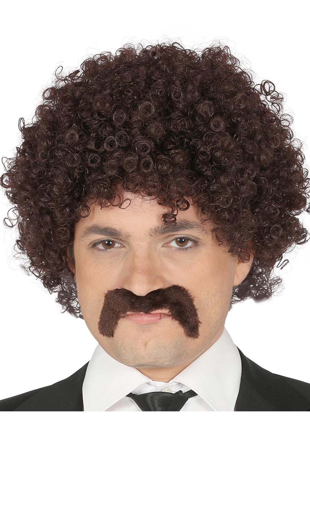 Perruque et Moustache Frisées Châtain