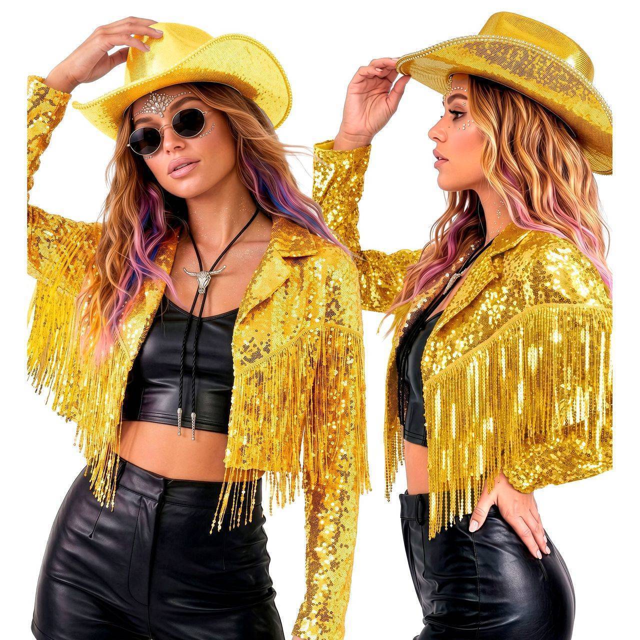 Veste de festival dorée à paillettes