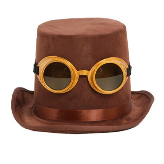 Chapeau Haut-de-Forme Steampunk Marron avec Lunettes