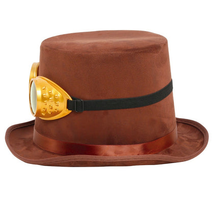Chapeau Haut-de-Forme Steampunk Marron avec Lunettes