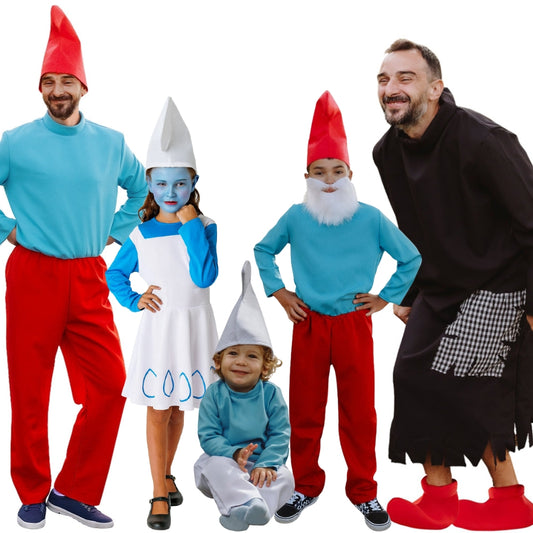 Disfraces en grupo de Duendes Azules y Brujo