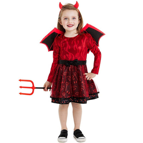 Costume Diable Enfant – Robe Rouge, Capuche à Cornes, Queue, Ceinture, Lunettes, 4 Tailles S à XL, Halloween, Cosplay