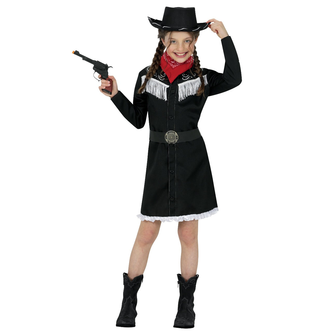 Déguisement de cow-girl noir à franges pour fille