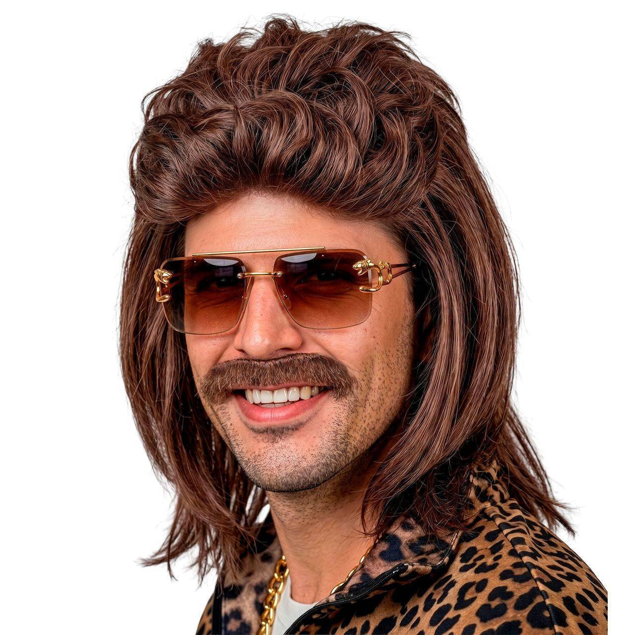 Perruque Marron Mullet avec Moustache