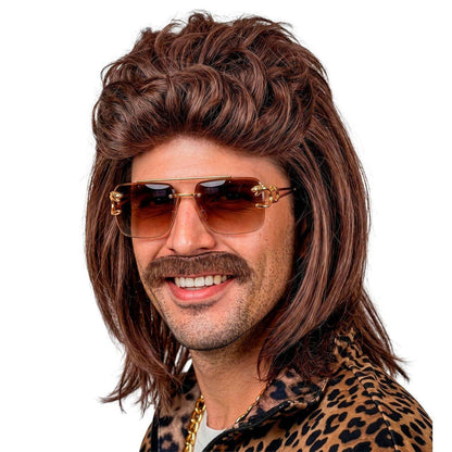 Perruque Marron Mullet avec Moustache
