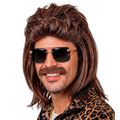 Perruque Marron Mullet avec Moustache