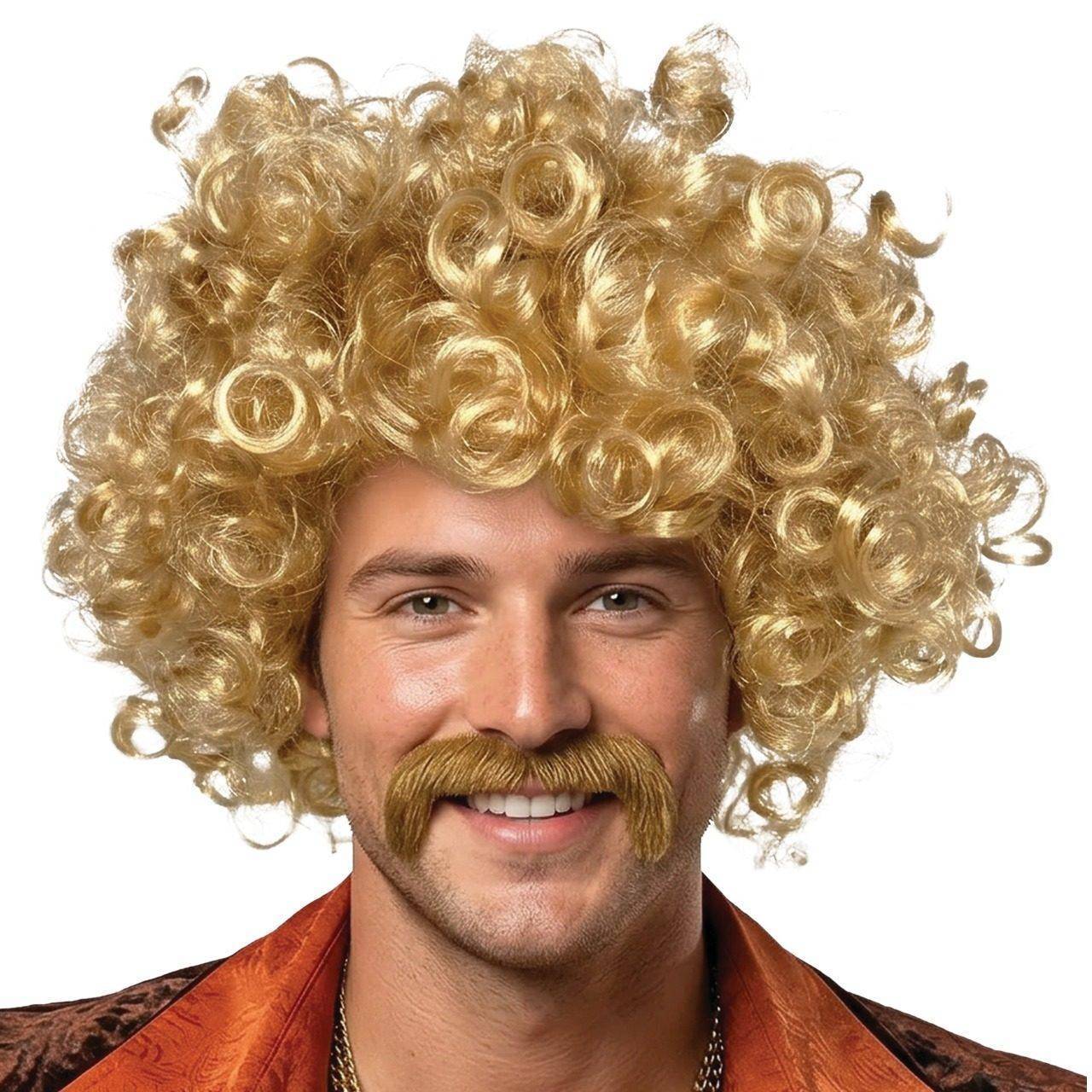 Perruque Blonde Bouclée avec Moustache