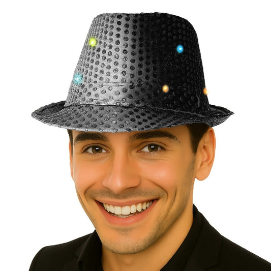 Chapeau à Paillettes Noir avec Lumière
