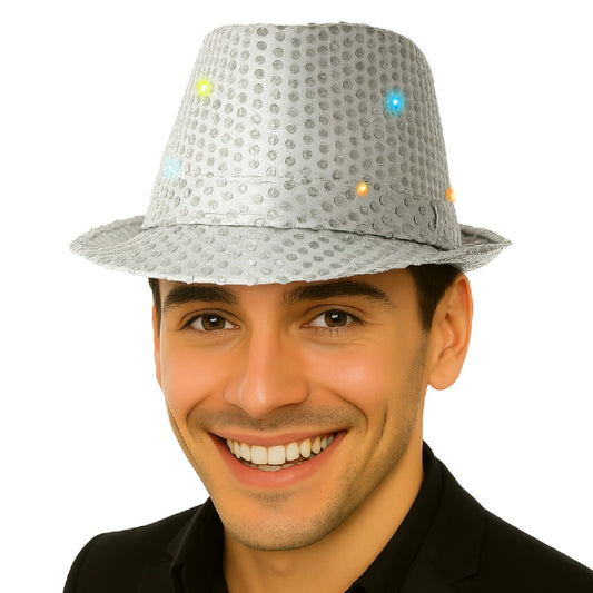 Chapeau à Paillettes Argenté avec Lumière