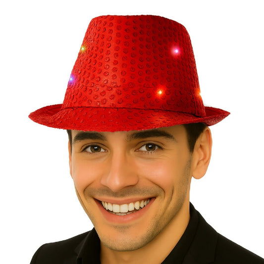 Chapeau à Paillettes Rouge avec Lumière