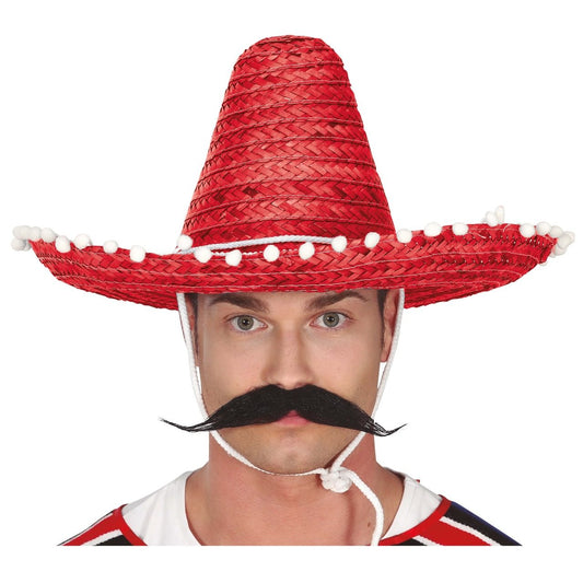 Chapeau Mexicain Rouge à Pompons