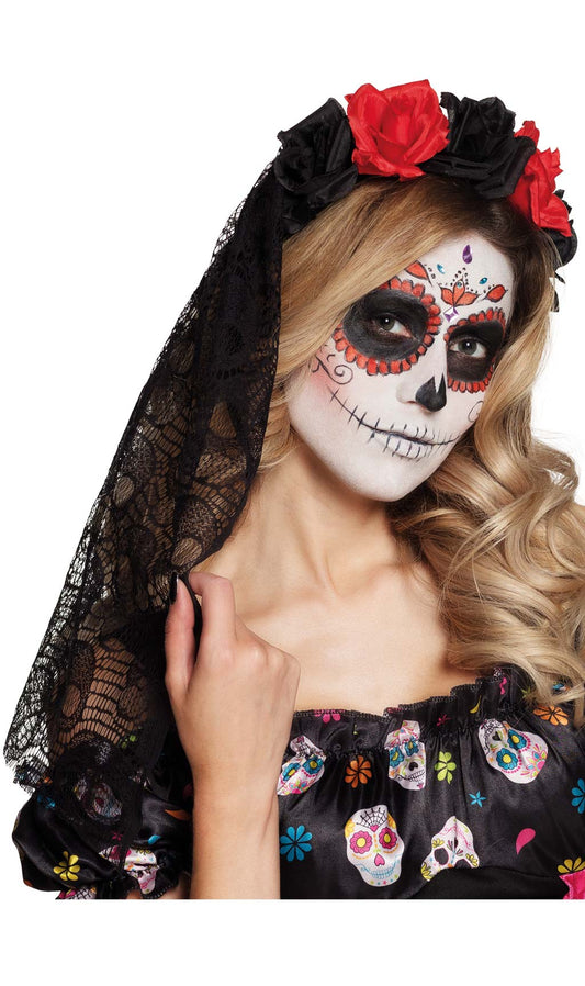 Serre-Tête de Dia de los Muertos Roses avec Voile