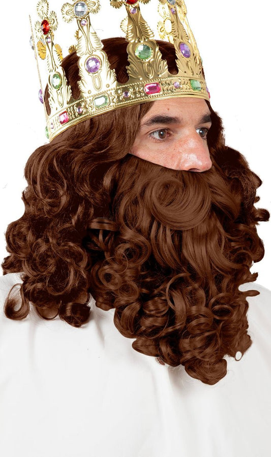 Perruque et Barbe Roi Mage Deluxe Châtain